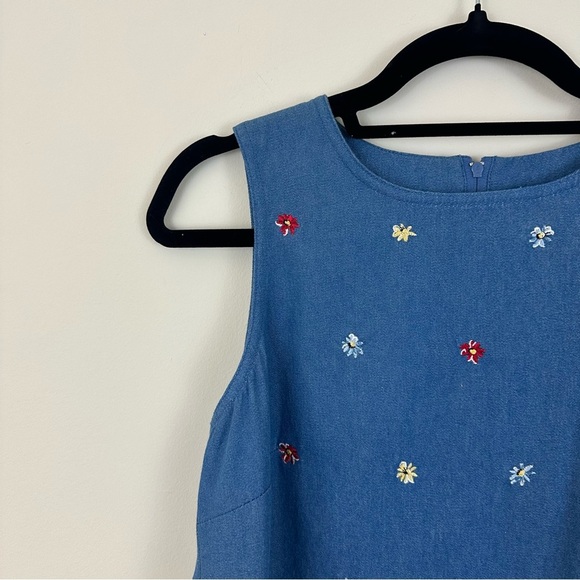 Vintage CLC | Blue Denim Sleeveless Dress with Floral Embroidery Size Small - Picture 2 of 5